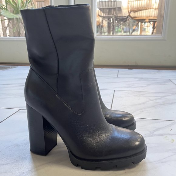 Zara Black Leather High Heel Ankle Boots with Lug Soles. Size 8 8.5 European 39 - Picture 1 of 7